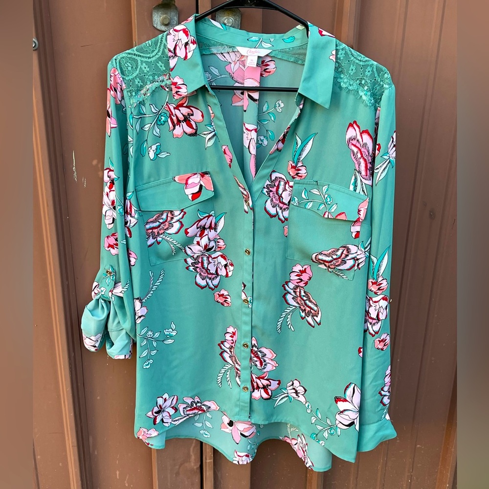 Candie’s Teal Blouse With Elegant Floral Design